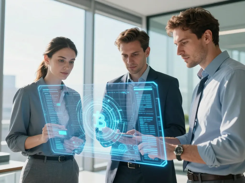 Trois experts financiers analysant une structure de données transparente et lumineuse symbolisant la sécurité et la clarté de la blockchain.