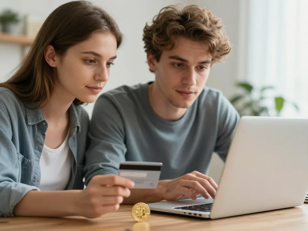 Un couple souriant validant un achat sécurisé de Bitcoin sur un ordinateur avec une carte bancaire.